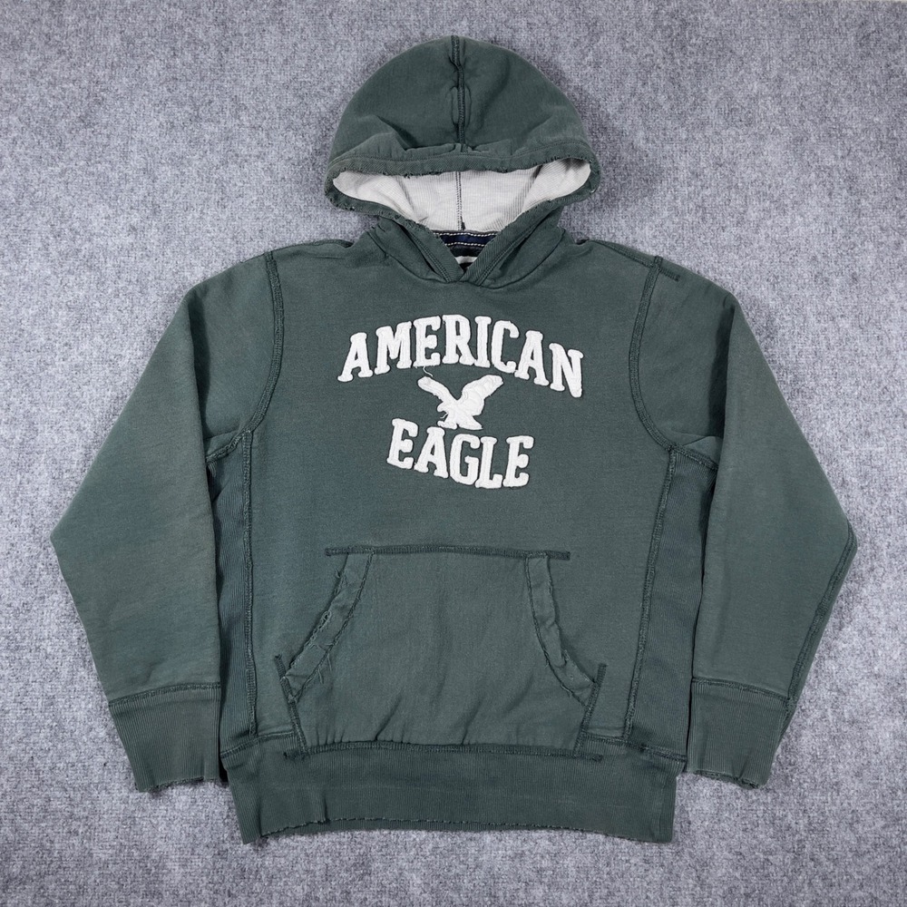 Y2K American Eagle Hoodie Mens Medium Green Distressed Spellout Graphic Pullover